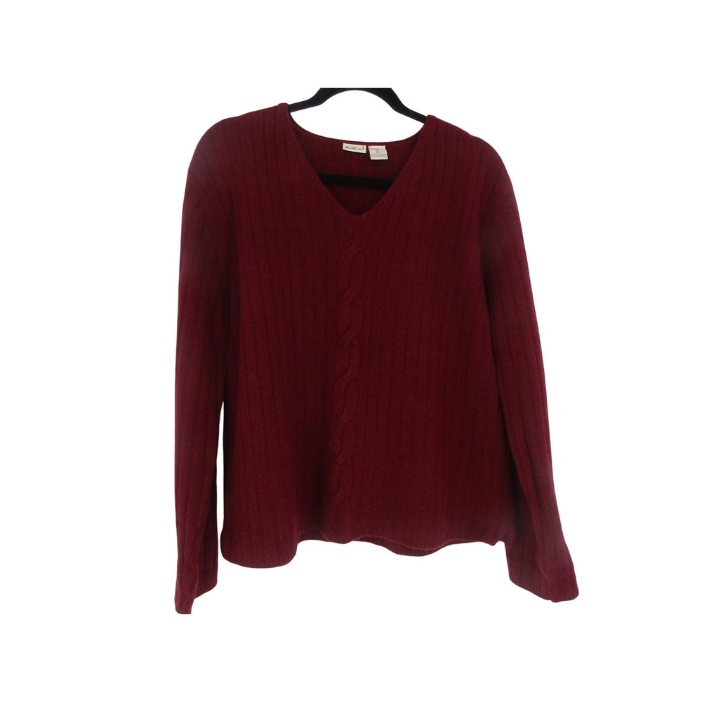 NorthCrest V-Neck‎ Sweater Mens XL Burgundy Lambswool Ribbed Cable Knit Preppy